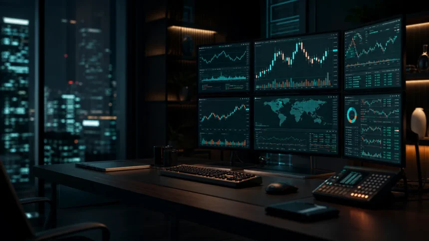 Institutional trading desk with abstract market dashboards