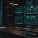 Institutional trading desk with abstract market dashboards, clean news variation