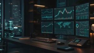 Institutional trading desk with abstract market dashboards, clean news variation