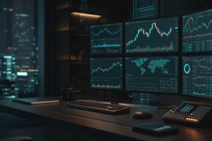Institutional trading desk with abstract market dashboards, clean news variation