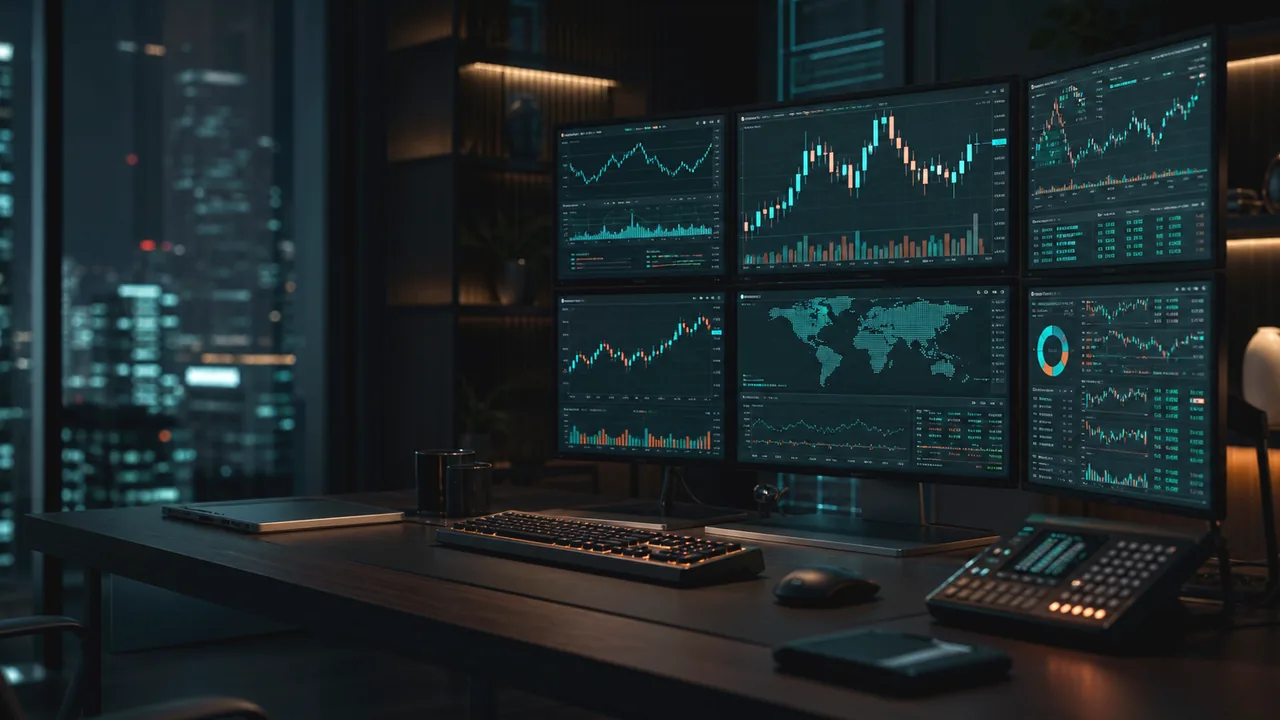 Institutional trading desk with abstract market dashboards, clean news variation
