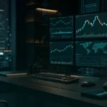 Institutional trading desk with abstract market dashboards, teal dark variation