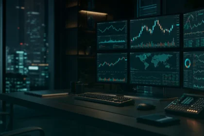 Institutional trading desk with abstract market dashboards, teal dark variation