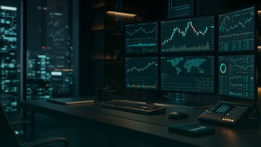Institutional trading desk with abstract market dashboards, teal dark variation