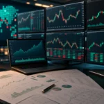 Stocks and earnings research desk with market screens