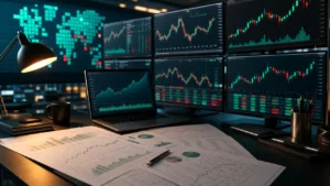 Stocks and earnings research desk with market screens