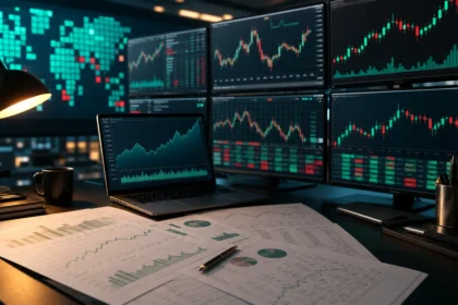 Stocks and earnings research desk with market screens
