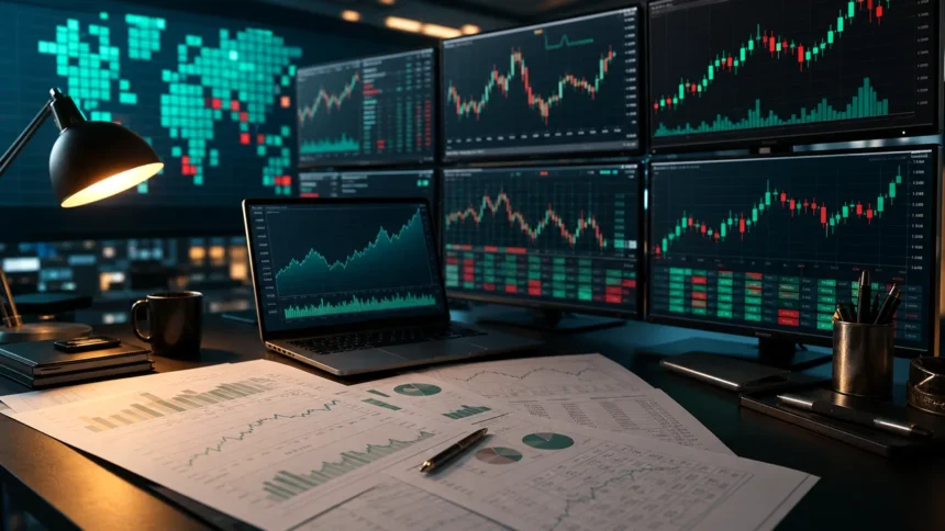 Stocks and earnings research desk with market screens