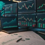 Stocks and earnings research desk with market screens, clean news variation