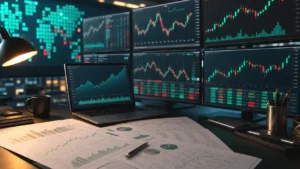 Stocks and earnings research desk with market screens, clean news variation