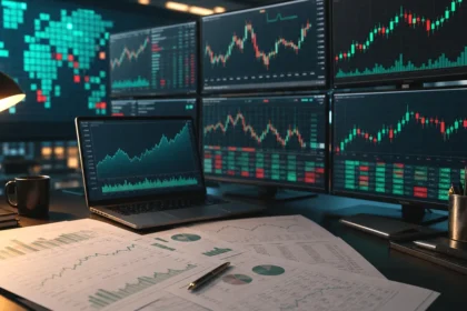 Stocks and earnings research desk with market screens, clean news variation