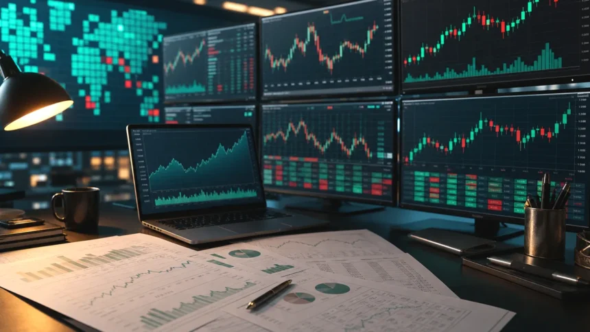 Stocks and earnings research desk with market screens, clean news variation