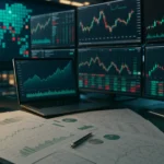 Stocks and earnings research desk with market screens, teal dark variation