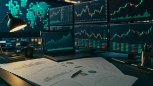 Stocks and earnings research desk with market screens, teal dark variation