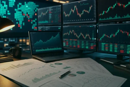 Stocks and earnings research desk with market screens, teal dark variation