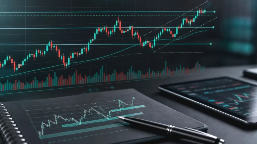 Technical analysis setup with abstract candlestick chart, clean news variation