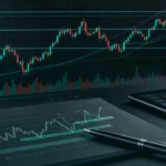 Technical analysis setup with abstract candlestick chart, teal dark variation