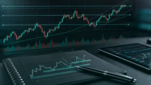 Technical analysis setup with abstract candlestick chart, teal dark variation