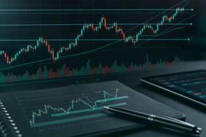 Technical analysis setup with abstract candlestick chart, teal dark variation