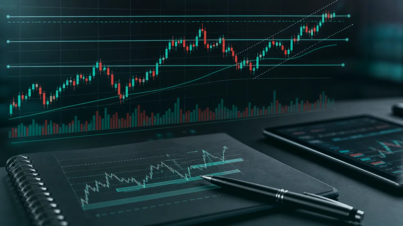 Technical analysis setup with abstract candlestick chart, teal dark variation